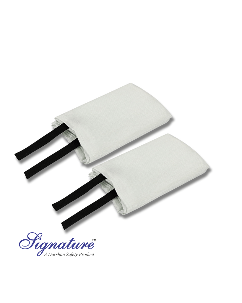 Fire blanket folded with pull tabs for quick emergency fire suppression.