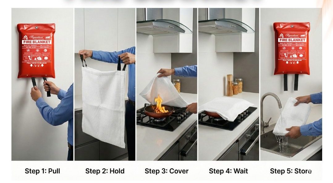 Fire blanket used to extinguish kitchen and small fires quickly for home and workplace safety