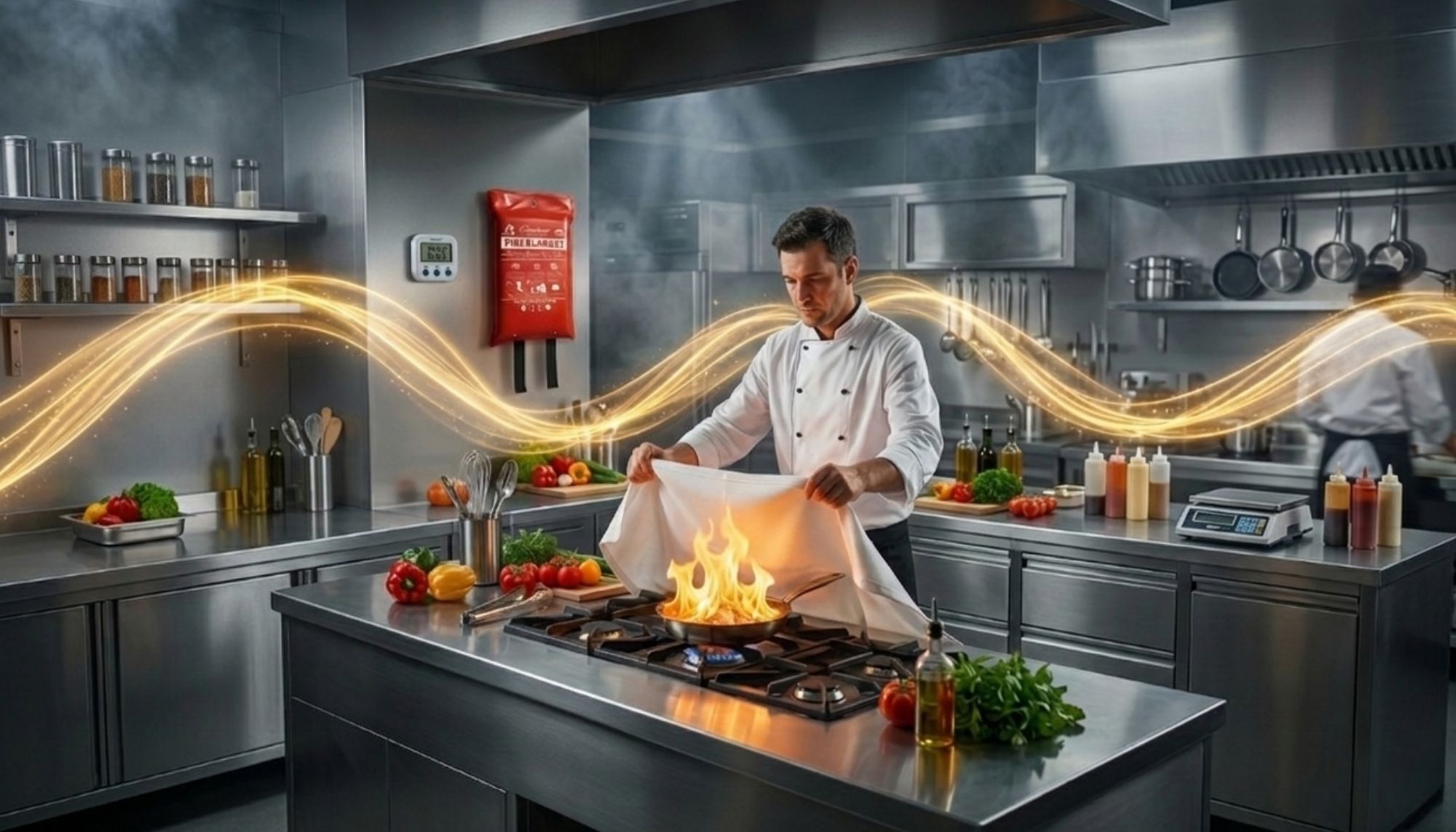 Using fire blanket in kitchen to control cooking fire safely in Leeds