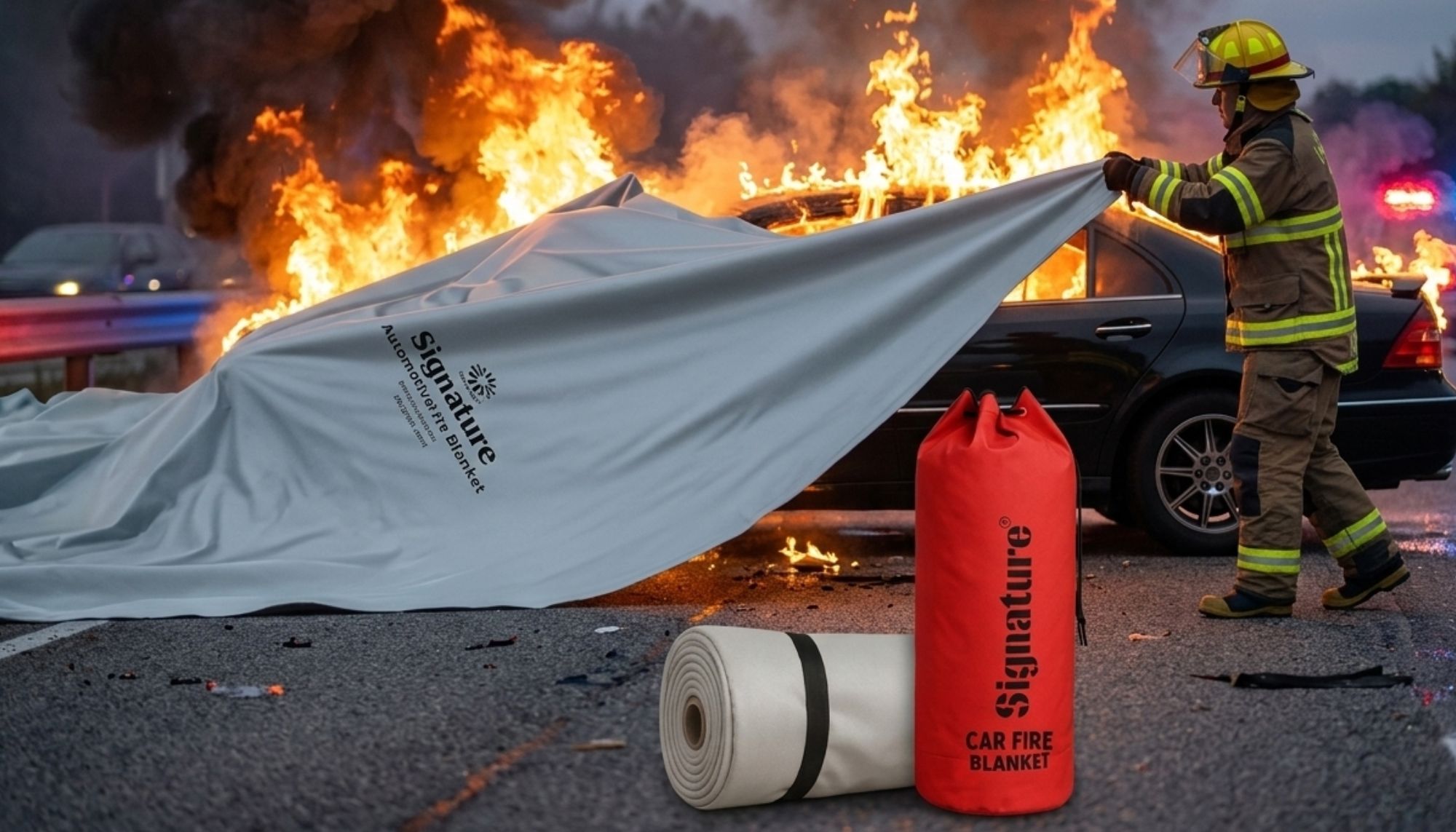 Car fire blanket being used to extinguish vehicle fire emergency safely