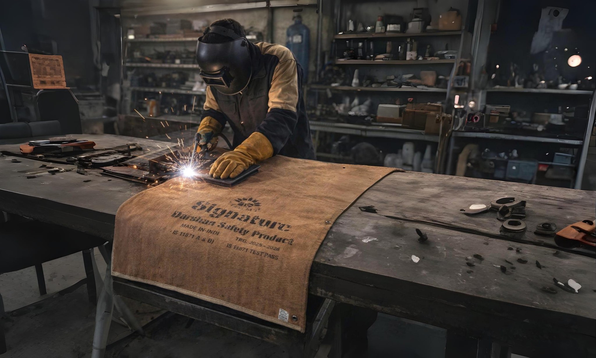 Industrial welding blanket protecting against sparks and heat in Nottingham workshop